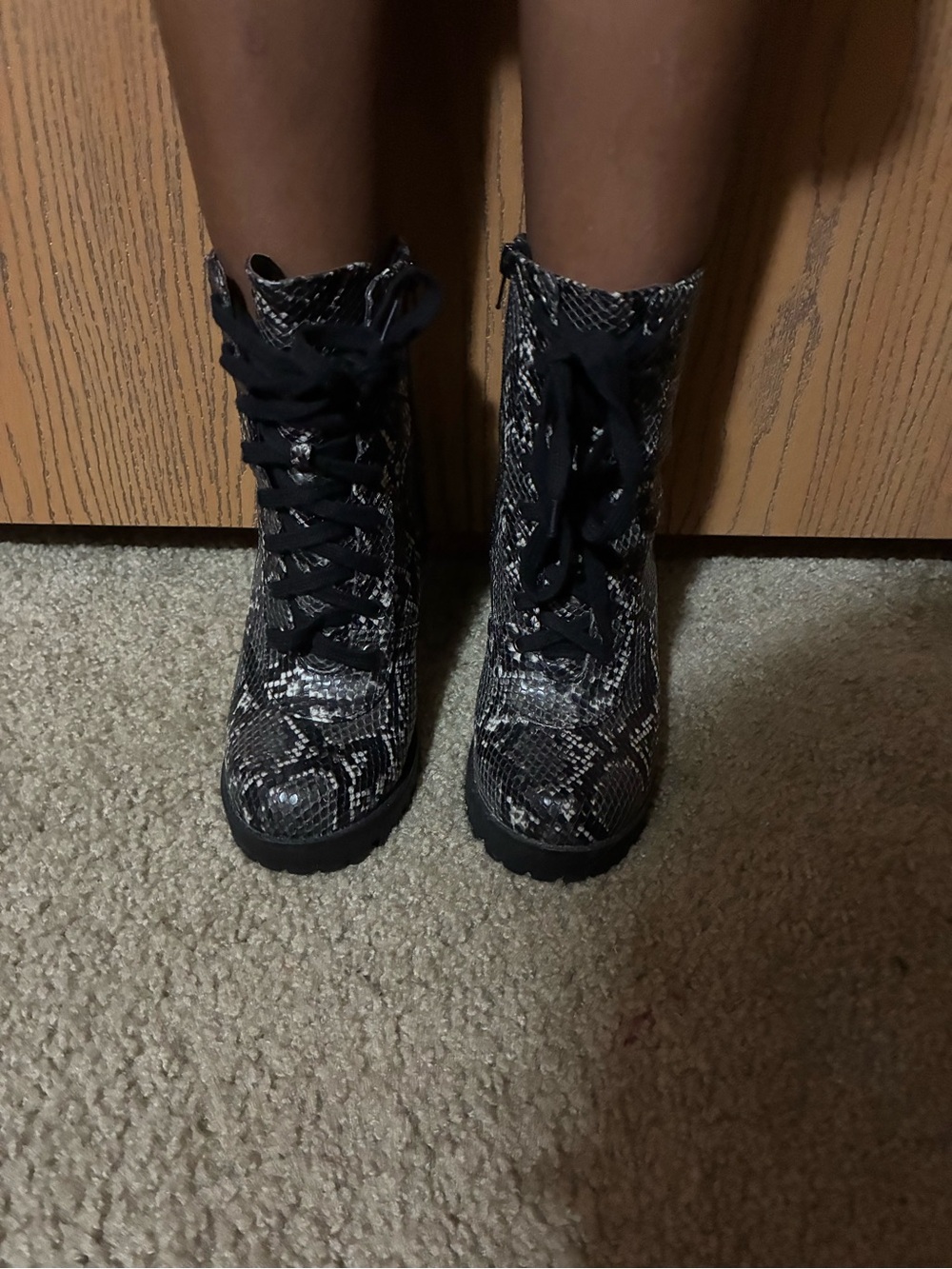 Soda Black and White Snake Print Lace-Up Combat Boots